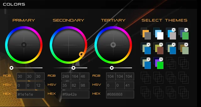 Three color wheels for primary, secondary, and tertiary colors alongside numeric RGB, HSV, and hex inputs and a grid of theme palettes.