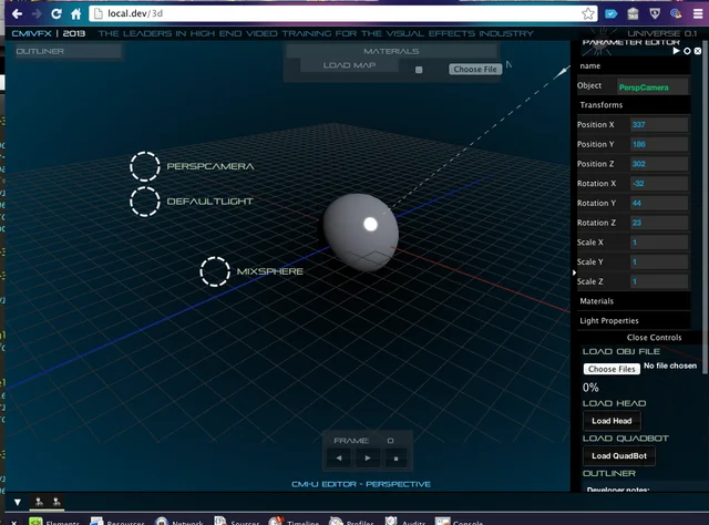 A sphere on a 3D grid with camera and light objects, transform fields, and playback controls.