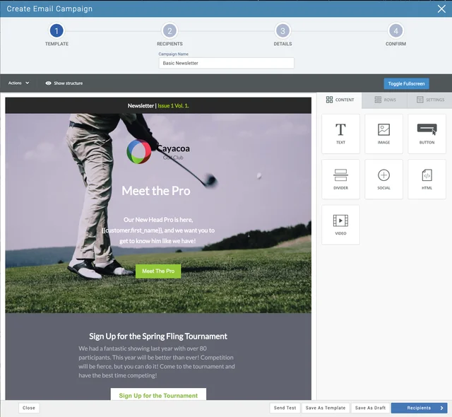 foreUP email campaign editor with a newsletter preview, content blocks, and steps for selecting recipients, entering details, and confirming the campaign.
