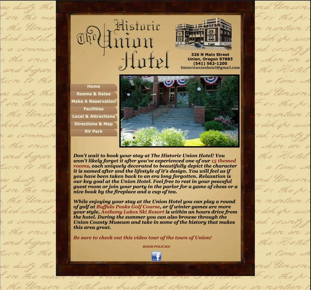Historic Union Hotel website with a hotel photograph and navigation for rooms, rates, reservations, and local attractions.